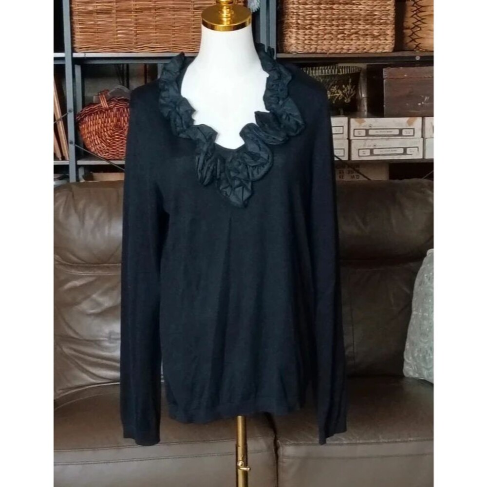 NWT Talbots Silk Cotton Blend Black Ruffle Neck Long Sleeve Top